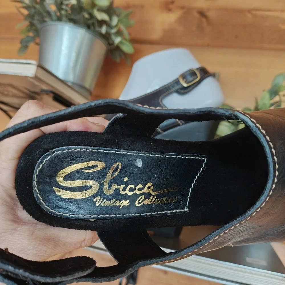 Sbicca Vintage Collection Wooden Wedge Platform Sandals Boho Black Leather Sz 38